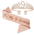 Rose gold 9th birthday set featuring glitter sash and rhinestone tiara with number 9 - Age 9 Set