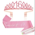 Pink Sweet 16 birthday set featuring a rhinestone crown and satin sash with safety pin - 16th Birthday Rose Gold Pink Kit