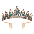 Baroque gold bridal tiara with emerald green teardrop gemstones and black crystals - KC Gold - Black & Green