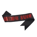 Black glitter fabric sash with bold red BIRTHDAY BADDIE lettering for party events - 160*9.5cm / Black with Red Letters