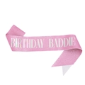 Pink glitter sash with holographic Birthday Baddie text for birthday party celebration - 160*9.5cm / Iridescent Pink