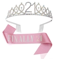 Fascia rosa glitter Finally 21 e tiara di strass argento per il ventunesimo compleanno - Set Fascia e Tiara / Argento AB Rosa Fascia