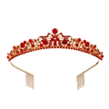 Luxury gold alloy bridal crown with sparkling red rhinestones and floral scroll design - Gold Red with Comb