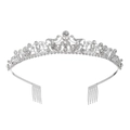 Silver bridal tiara with floral rhinestones and side hair combs for weddings - Silver White with Comb