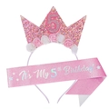 Rosa Glitzer-Set zum 5. Geburtstag für Mädchen mit Blumenkrone und Schärpe - 5. Geburtstag Set (Stirnband + Schärpe)