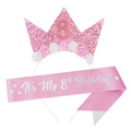 Pink glitter 8th birthday set with crown headband and 8th birthday sash for girls - 8th Birthday Set (Headband + Sash)