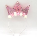 Pink glitter girl's 11th birthday crown headband with white pearls and foam roses - 11th Birthday Headband