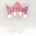 Pink glitter 13th birthday crown headband with roses and white pearls for girls - 13th Birthday Headband