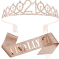 Fascia rosa glitter 'FINALLY 21' e tiara in strass oro rosa per il 21° compleanno - Set Fascia e Tiara / Oro rosa