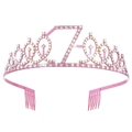 Pink birthday crown headband with rhinestone number 7 and built-in hair combs - 7 Years Old / Pink