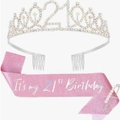 Fascia glitter rosa per il 21° compleanno e set di diadema con corona argentata - Set Fascia e Tiara / Argento AB Rosa Fascia