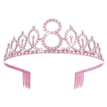 Pink rhinestone birthday crown headband with number 8 and side combs for girls - 8 Years Old / Pink