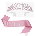 Fascia rosa glitter 21 compleanno con set di corona in cristallo e strass - Set Fascia e Tiara / Argento Rosa