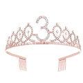 Rose gold birthday tiara crown with sparkling rhinestone number 3 and side hair combs - 3Y / Rose Gold