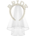 Cerchietto da sposa bianco con perle scritta BRIDE e velo in rete a doppio strato - Taglia unica / Cerchietto BRIDE in Perle Artificiali [Strass AB] Con Velo