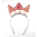 Pink glitter girl's 5th birthday crown headband with white pearls and foam roses - Large 5th Birthday Headband