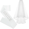White bridal sash with pearl BRIDE lettering and a double-layered tulle wedding veil - One Size / BRIDE Artificial Pearl Sash & Veil 2-Piece Set