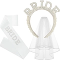 White bridal shower set with pearl BRIDE headband, double layer veil and sash - One Size / BRIDE Headband [White Rhinestone] 3-Piece Set