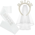 3-piece white bride set with pearl headband, mesh veil and elegant satin sash - One Size / BRIDE Headband [AB Rhinestone] 3-Piece Set