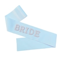 Light blue satin Bride sash with decorative pearls and rhinestones for bachelorette parties - Light Blue Satin Sash (BRIDE Pearl Rhinestone)