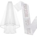 White bridal sash with pearl Bride To Be lettering and a matching double-layered tulle veil - White Sash Veil Set (BRIDE TO BE Pearl AB Rhinestone)