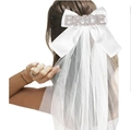 White bridal bow hair veil with BRIDE rhinestone lettering for bachelorette parties - Large Bowknot White Veil (BRIDE Pearl Decor)
