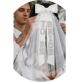 White bridal veil with pearl rhinestone 'BRIDE TO BE' text and large elegant bow - Bowknot White Veil (BRIDE TO BE Pearl Rhinestone)