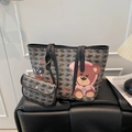 Cartoon bear tote bag with Goyard-style pattern and matching small pouch for women - Black