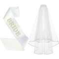 White bridal sash with pearl Bride lettering and matching double-layered tulle veil - Scalloped Edge White Pearl Sash Veil Set