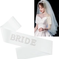 White satin bride sash featuring elegant pearl and rhinestone lettering for bridal parties - Pearl Sash And Veil Combo Set