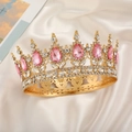 Lussuosa corona dorata con cristalli a goccia rosa e strass bianchi su seta bianca - Oro-Rosa