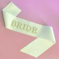 White scalloped bride sash with pearl rhinestone letters for bachelorette party - Scalloped White Pearl Satin Sash
