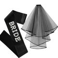 Black bride-to-be set featuring a satin sash with white text and a tiered mesh veil - Black Satin Sash Veil Set (BRIDE)