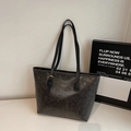 Vintage large capacity tote bag in dark gray distressed leather with gold lettering - Black