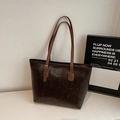 Vintage large capacity dark brown leather tote bag for women with fashion lettering - Brown