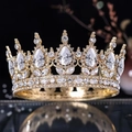 Royal gold tiara featuring large teardrop crystals and brilliant rhinestones decoration - Gold Base-All White