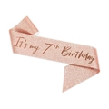 Rose gold glitter fabric birthday sash with It's my 7th Birthday script text - M / Rose Gold Number 7