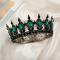 Vintage silver tiara with teardrop green gems and black rhinestones on white silk - Black Base-Green