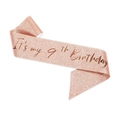 Rose gold glitter sash with It's my 9th Birthday text for kids party celebrations - M / Rose Gold Number 9