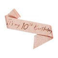 Rose gold glitter sash with It's my 10th Birthday text for party celebration - M / Rose Gold Number 10th