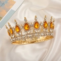 Golden bridal crown with amber teardrop rhinestones on soft beige satin background - Gold Base-Champagne