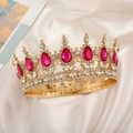 Vintage golden bridal crown featuring rose red crystals and shimmering rhinestones - Gold Base-Rose Red
