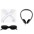 Retro black sunglasses set with white satin gloves and wired headphones combo - Sunglasses Gloves Earphone Set