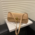 Retro beige patent leather shoulder bag with gold twist lock and sleek flap design - Khaki