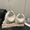 White faux shearling handbags in large and small sizes with silver metal ring zippers - Large / White