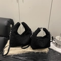 Set of large and small black plush handbags with leather straps and silver hardware - Large / Black