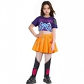 Kinder Streetwear-Set mit lila WOW-Oberteil, orangefarbenem Faltenrock und gemusterten Leggings - Lila Kurzes T-Shirt Und Oranger Rock Und Socken Stil (YYR25031-2) / 100cm