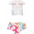 Set bambina 2 pezzi con maglietta bianca a frange, nuvole leopardate e pantaloncini colorati - Completo bianco con cartoni / 70cm