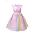 Pink unicorn princess dress for girls with colorful rainbow tulle skirt and floral details - 100cm / Pink