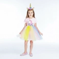 Close-up of unicorn print cotton top and colorful rainbow mesh tutu skirt set - 100cm / Rainbow Pink (20005)
